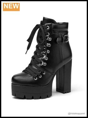 Women's Chunky Platform Ankle Booties Lace Up Round Toe High Heel Boots